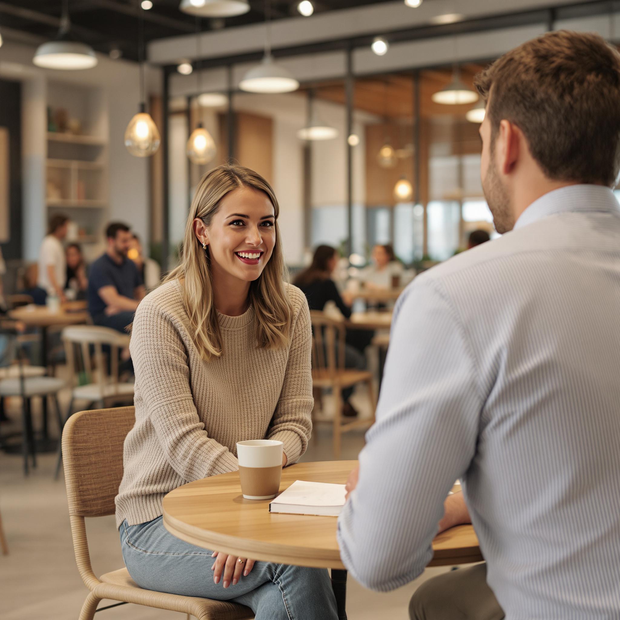 A man and woman chatting at a café table while building friendships after divorce.