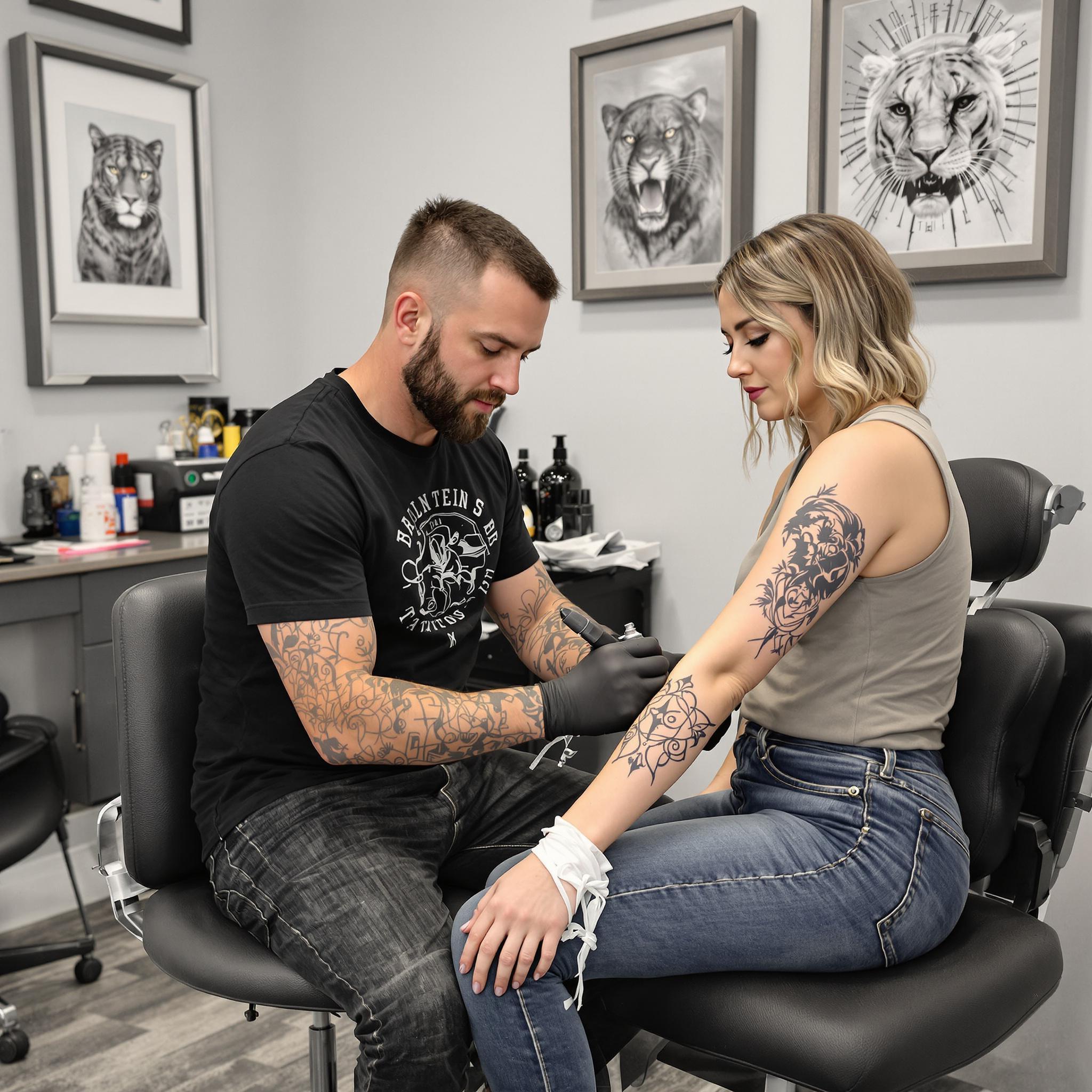 Female client receives a forearm tattoo from a focused male artist in a clean, modern studio with minimalist decor.