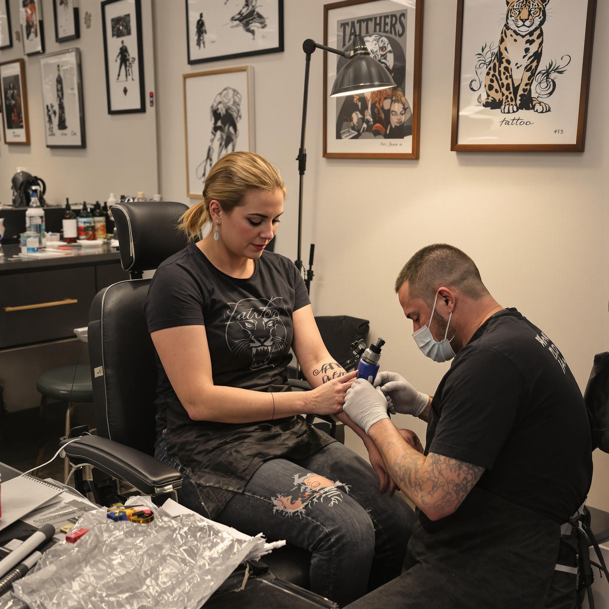 A woman sits in a tattoo studio as an artist works on a detailed panther design on her forearm under focused lighting.