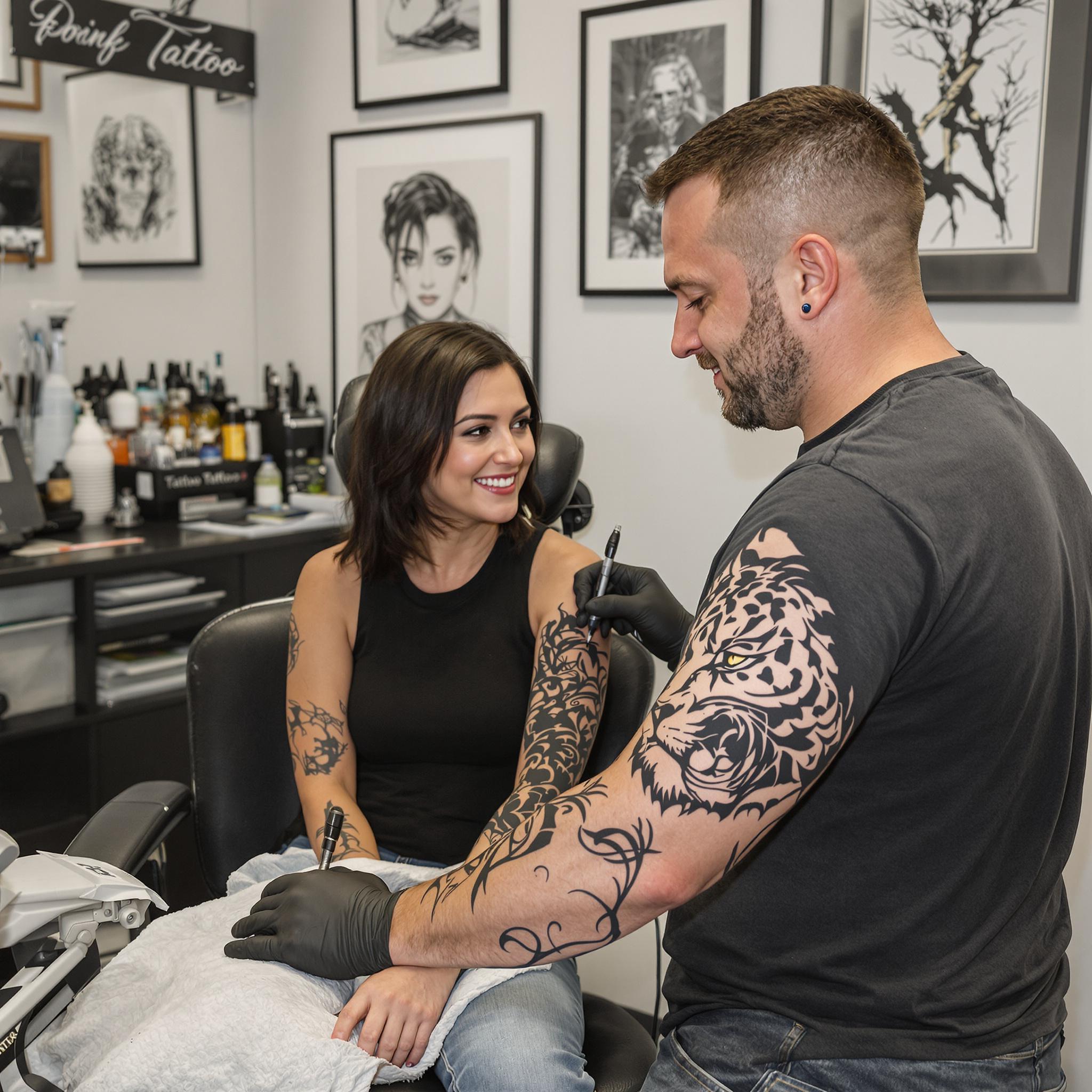 A woman in a tattoo studio smiles as an artist works on an intricate panther design on her upper arm, symbolizing strength.