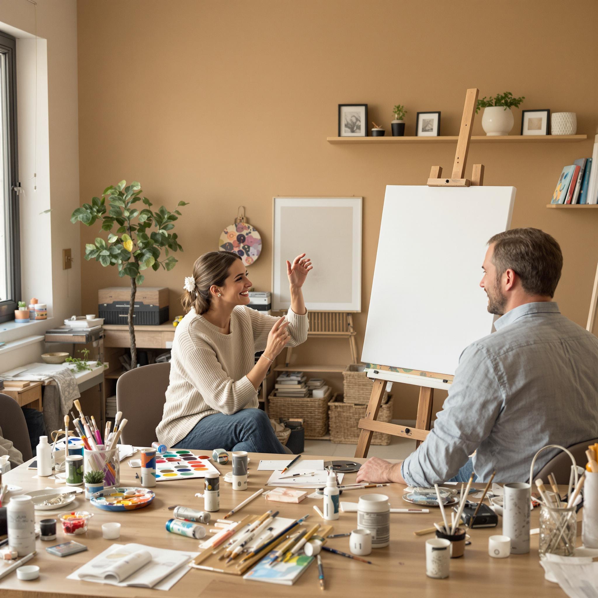 A woman paints in a cozy home studio, smiling as she chats with a supportive friend seated nearby.