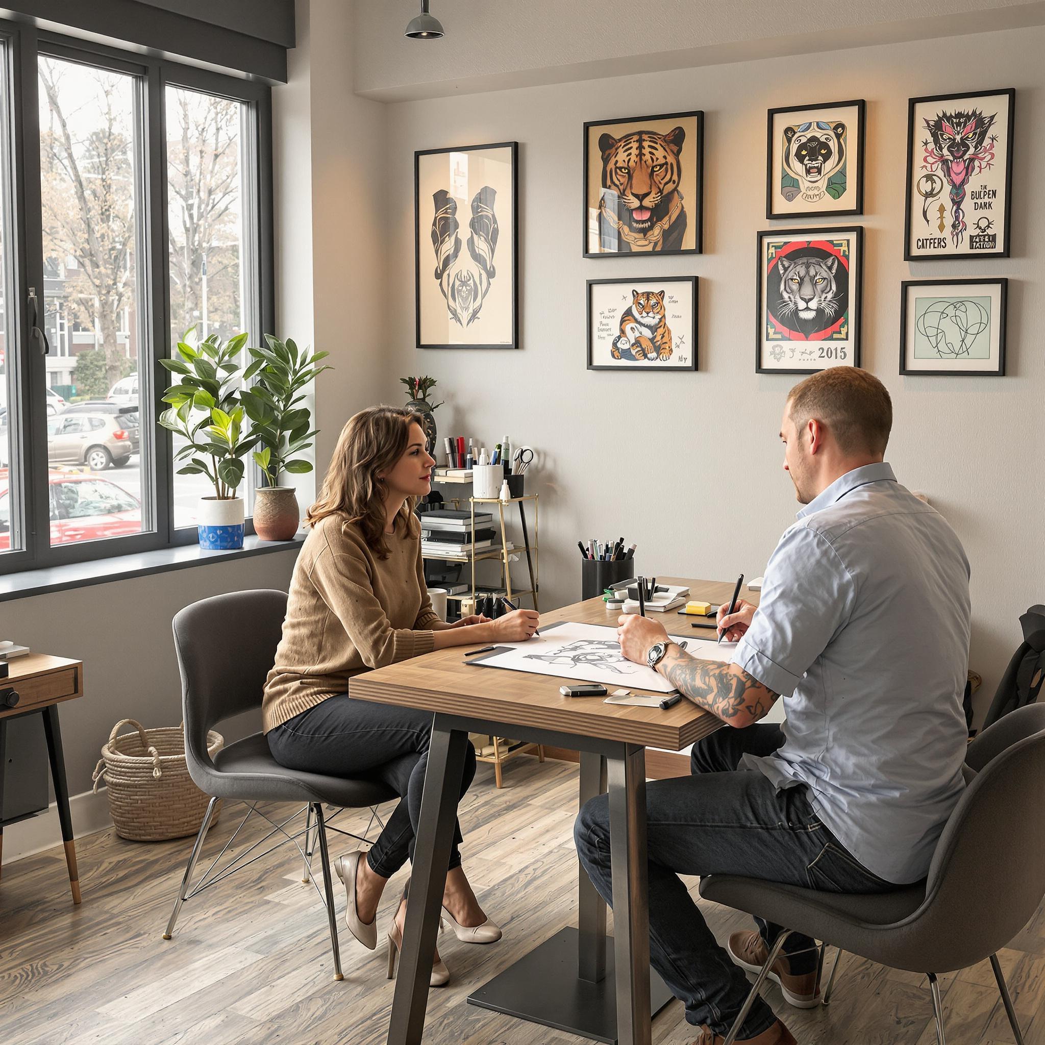 Client and tattoo artist collaborate on a panther design at a modern studio, seated at a table with sketches and art supplies.