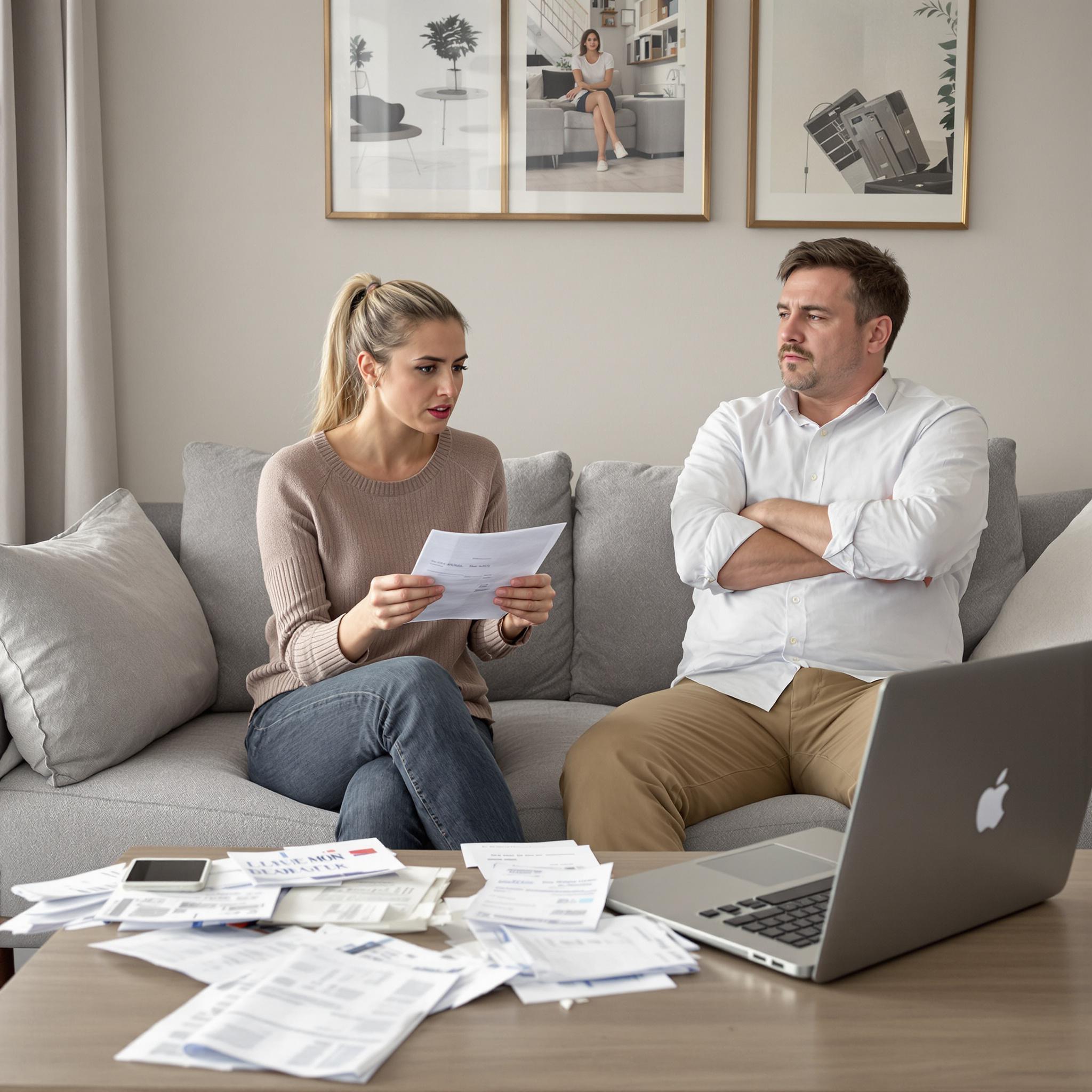 A tense couple sits on a sofa, surrounded by financial documents, discussing reckless spending during their divorce process.