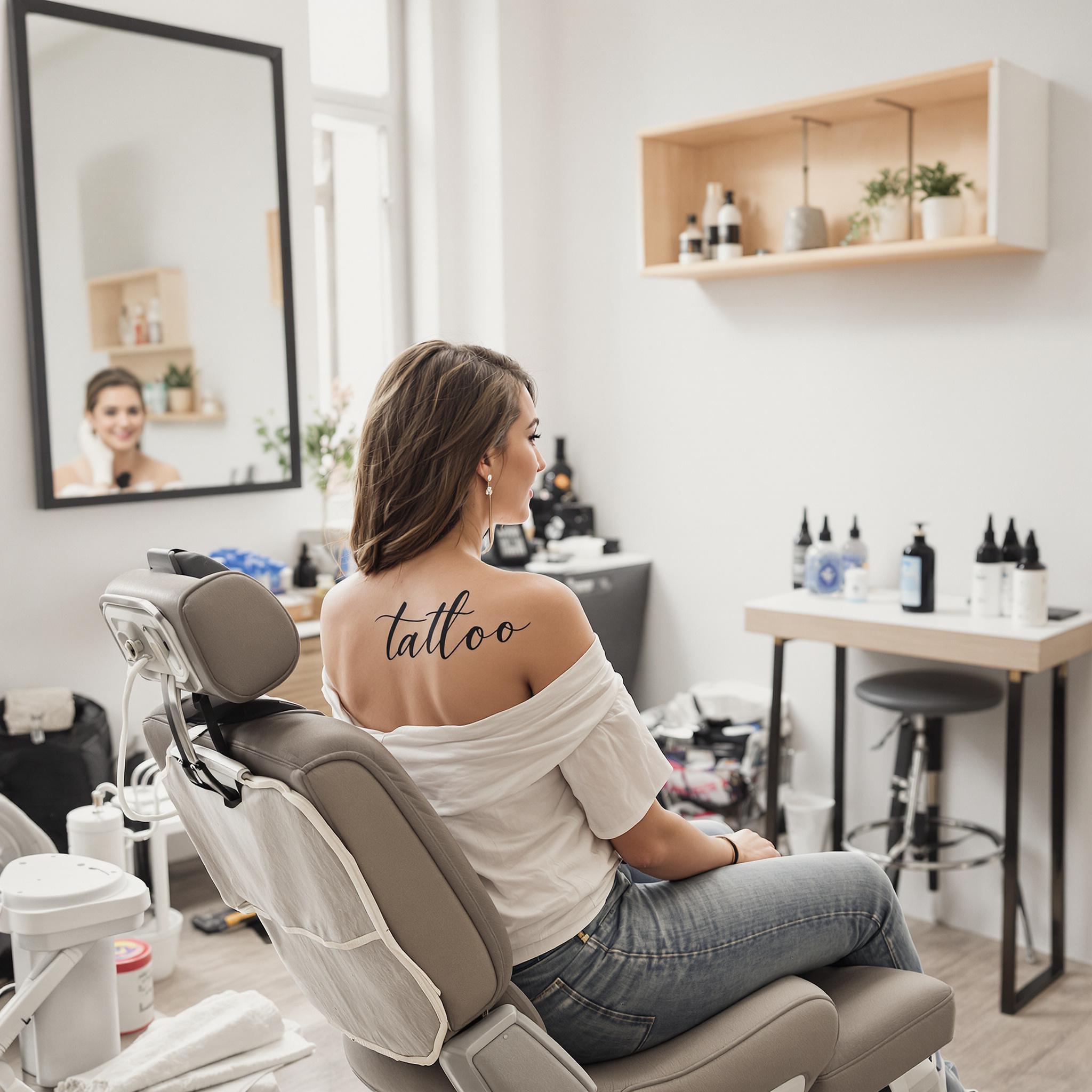 A woman in her late 20s sits in a modern tattoo studio, getting a script tattoo down her spine, symbolizing self-expression.