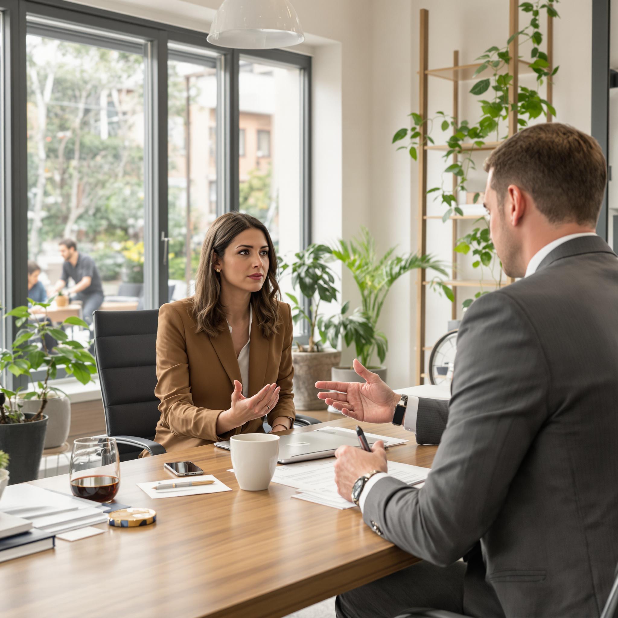 A woman in a modern office consults a financial advisor about managing her finances during a divorce. Warm, professional setting.