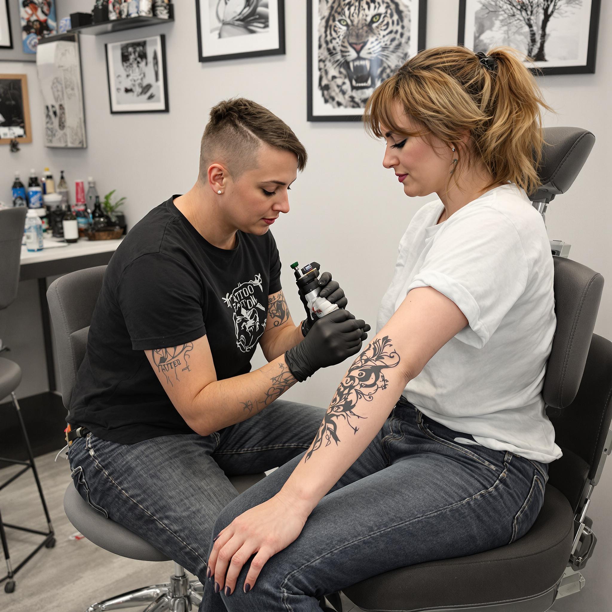 Tattoo artist focuses on creating a panther design on a client’s arm in a clean, modern studio with artistic decor.