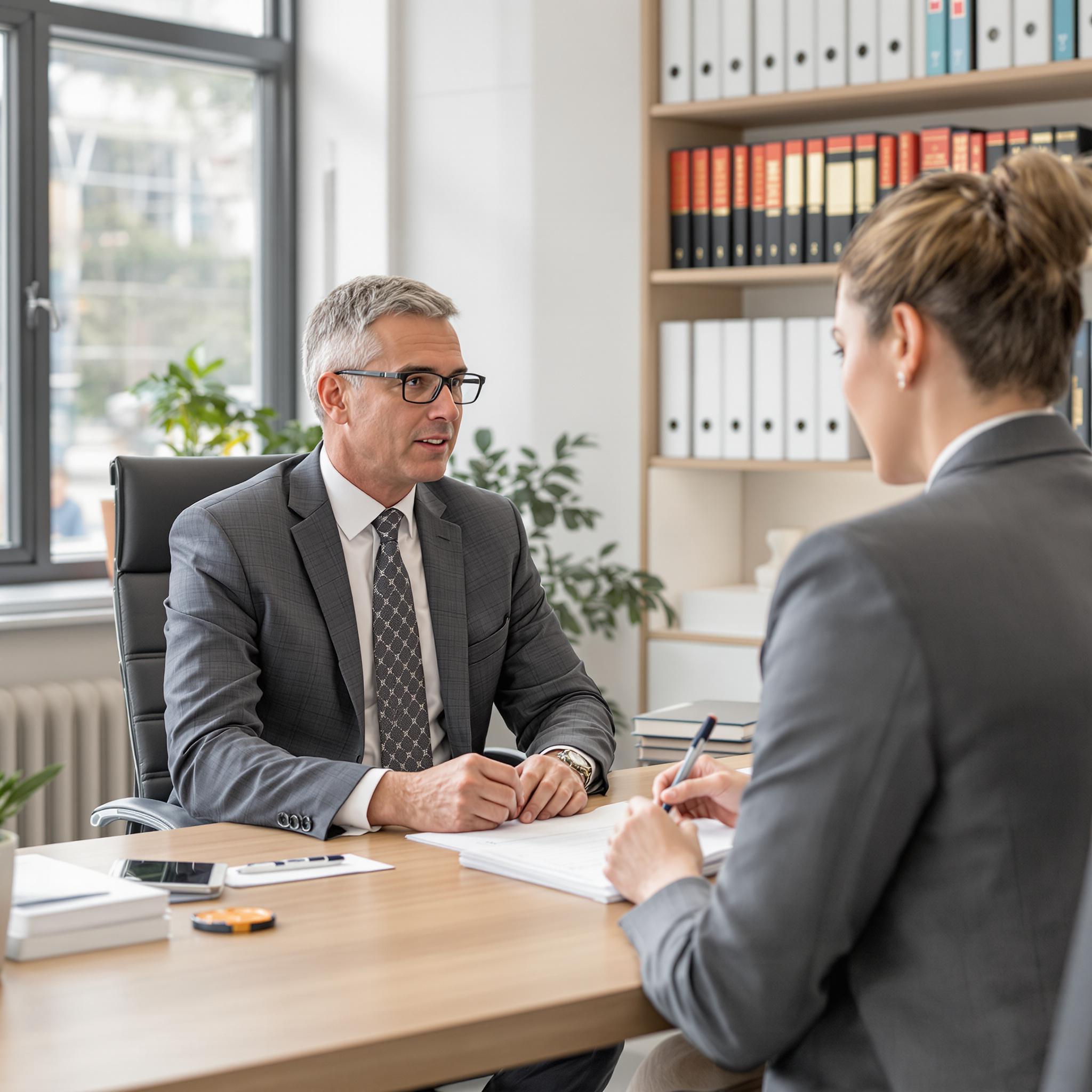 Divorce attorney and client discuss legal matters in a modern, well-lit office, fostering a professional and supportive atmosphere.