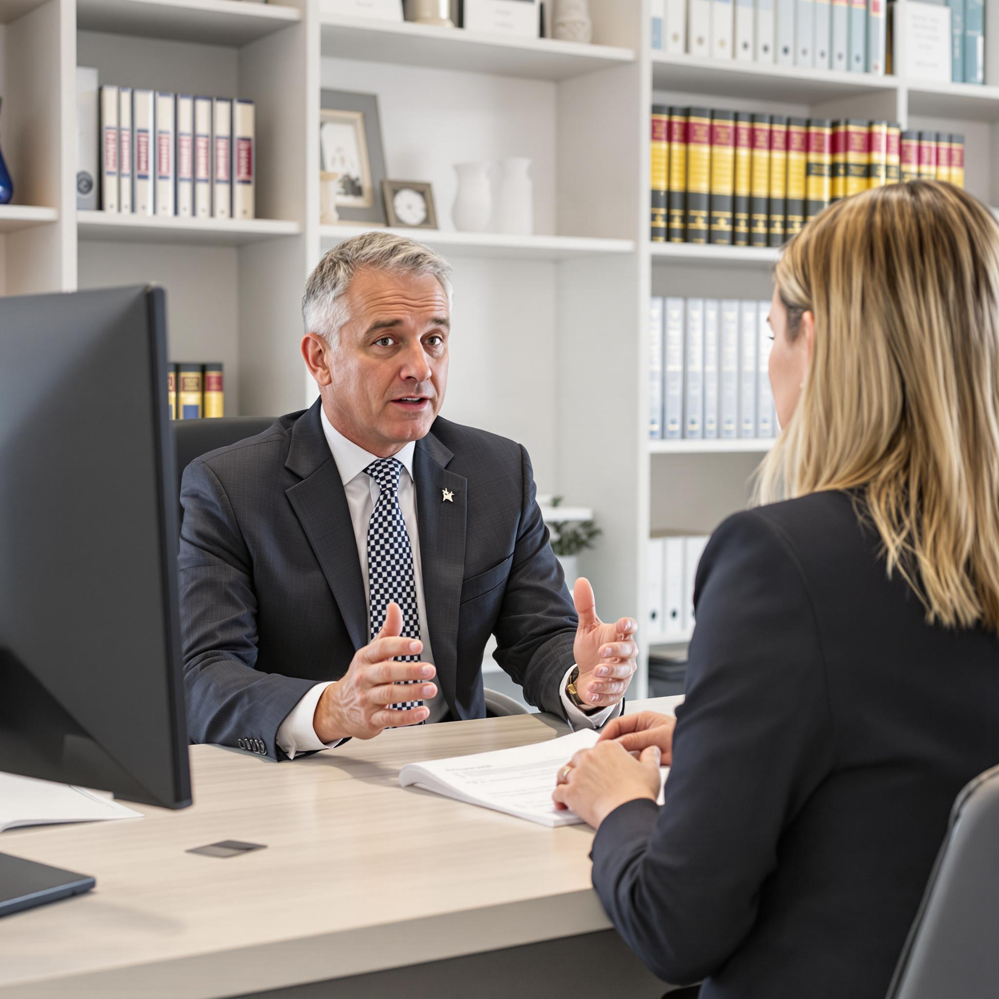 Attorney in a modern office explaining Arizona community property laws to a concerned client during a legal consultation.