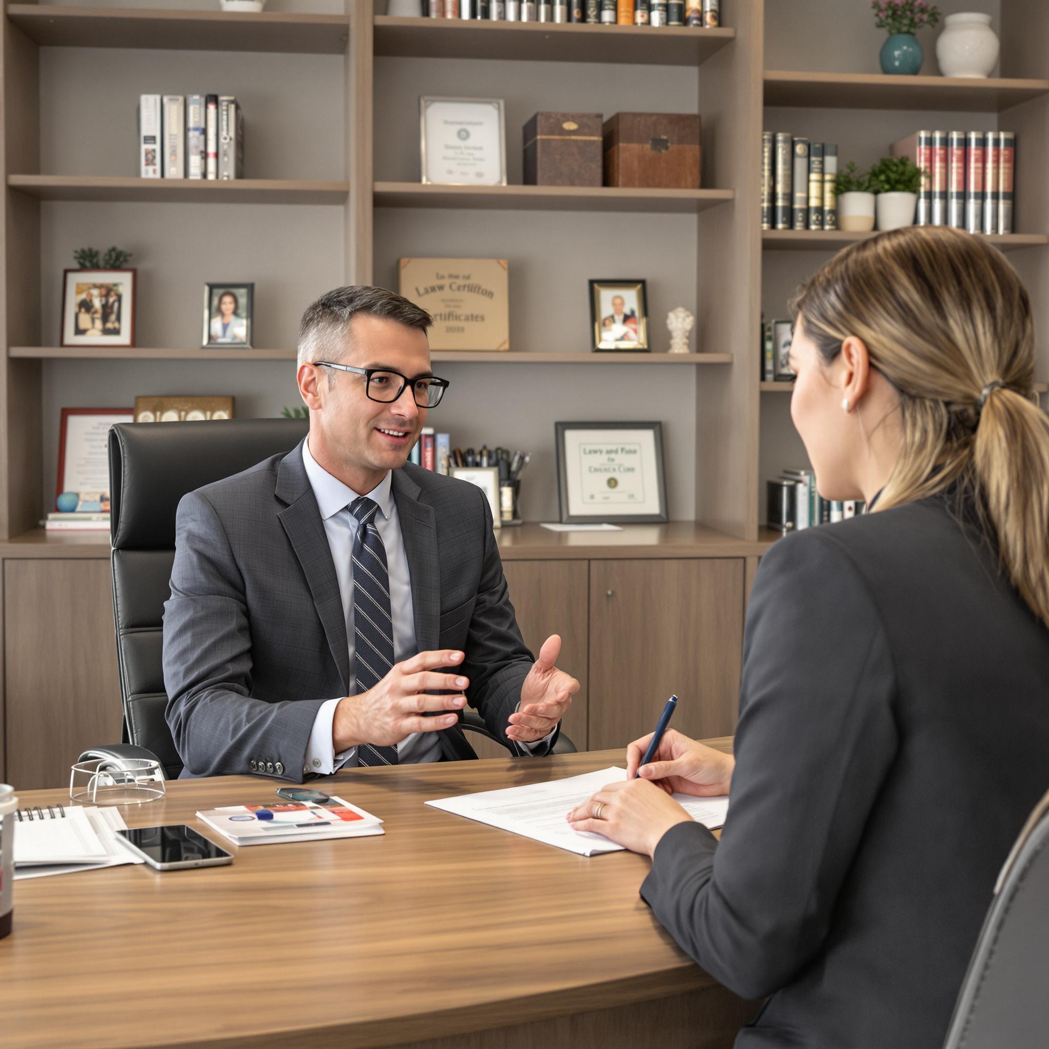 Lawyer consults with a client in a modern office, discussing temporary court orders during a divorce.