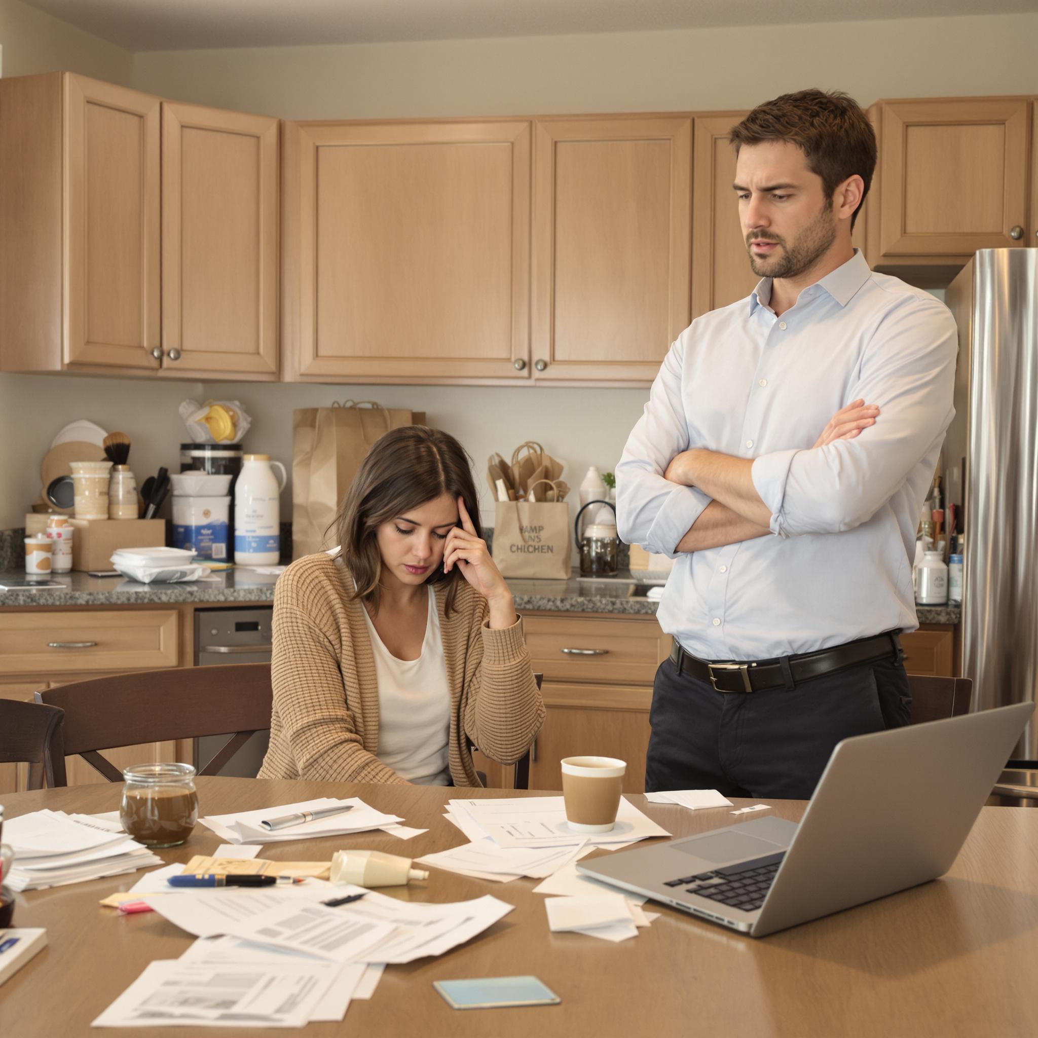 Alt Text: A soon-to-be-divorced couple discusses financial issues in a tense kitchen scene with signs of overspending visible.