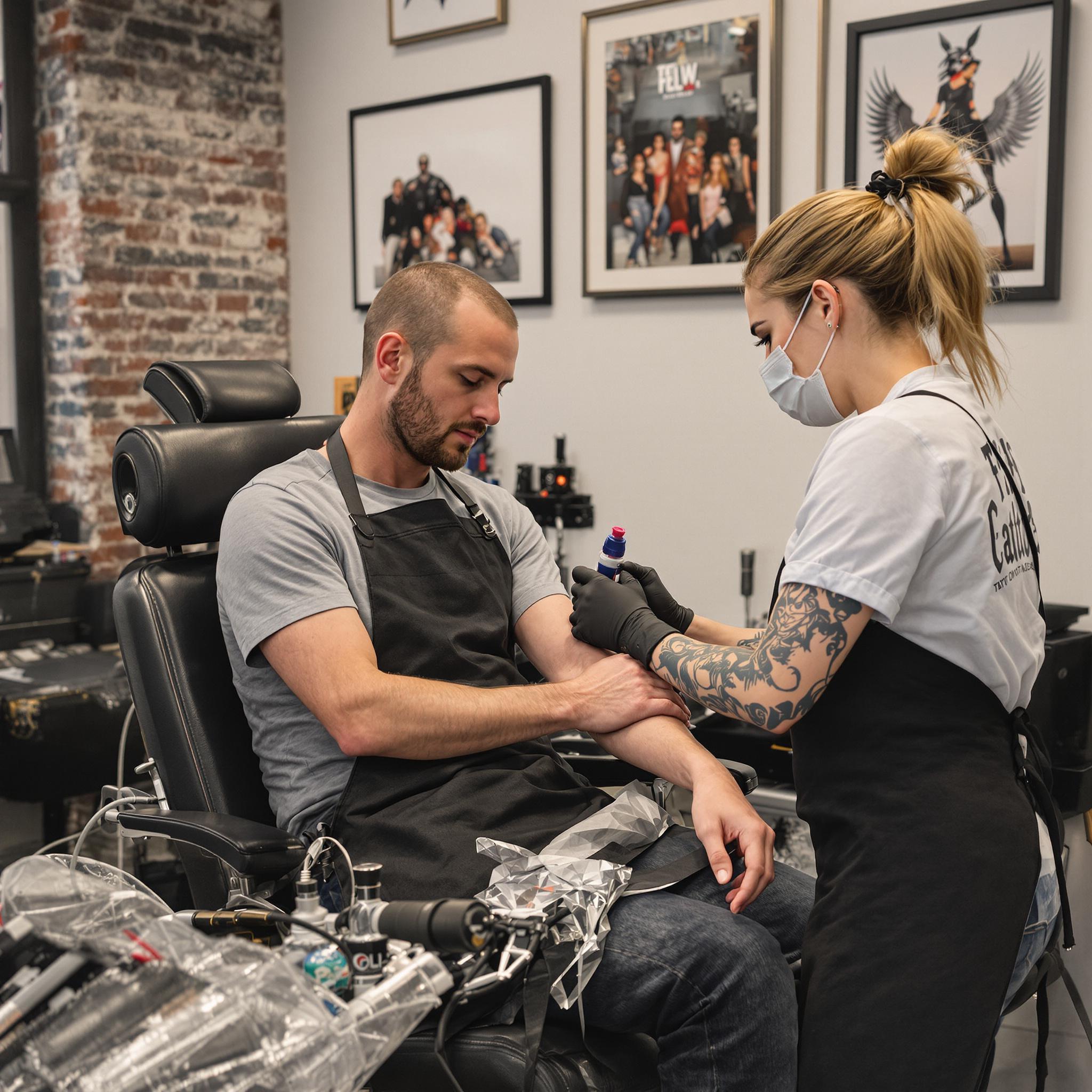 Man in his 30s gets a forearm tattoo from a female artist in a modern studio, symbolizing personal transformation.