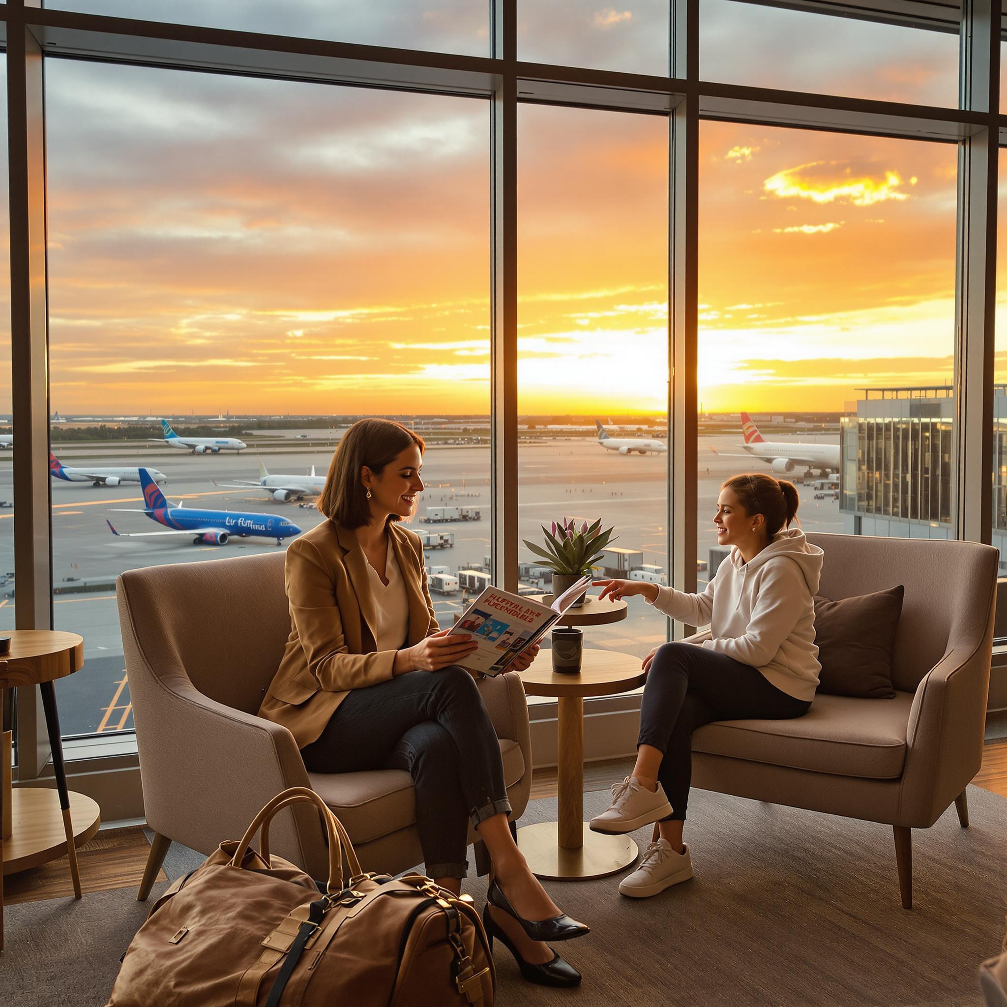 Mother and daughter excitedly plan a trip together in a cozy, upscale airport lounge with a sunset view through large windows.