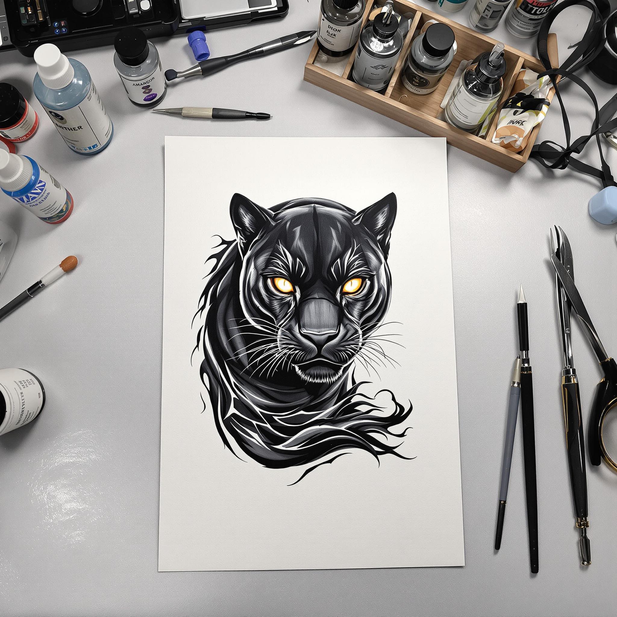 Hyper-realistic black panther tattoo on synthetic skin, surrounded by neatly arranged tools on a clean tattoo artist’s workstation.