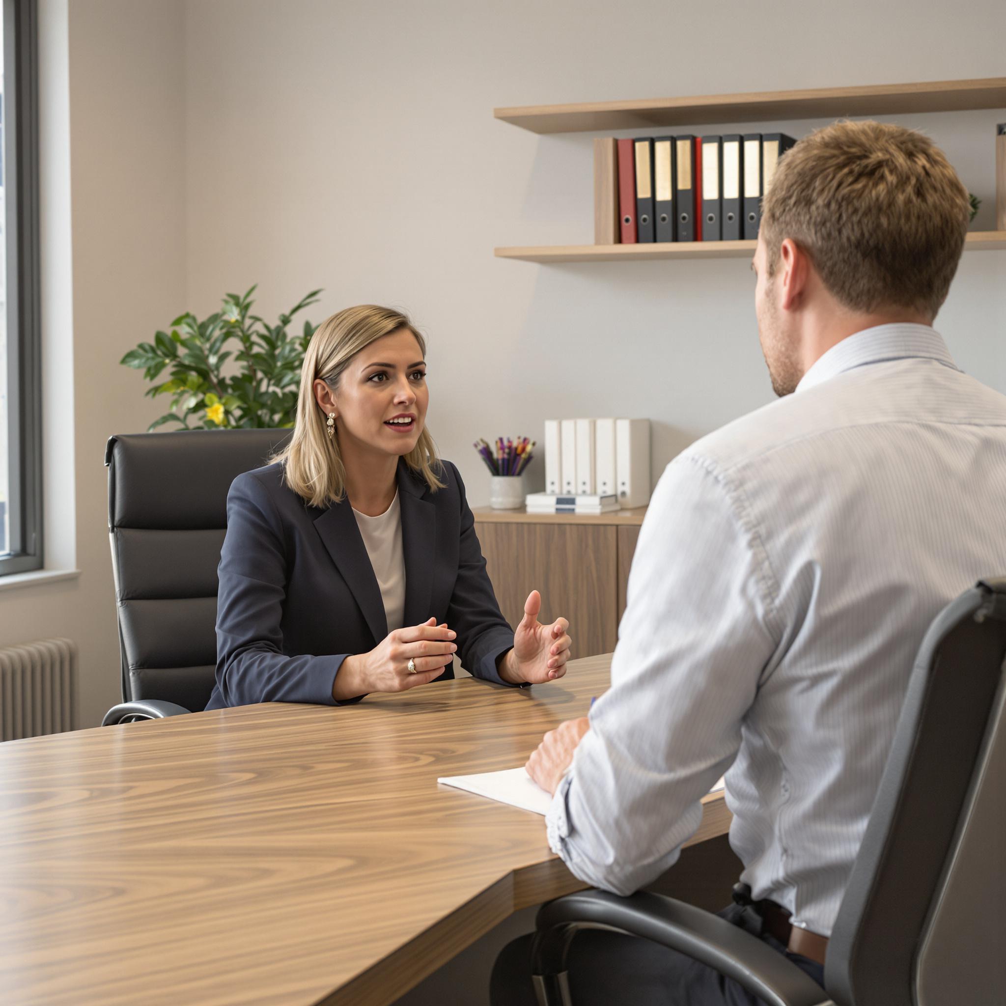 Female lawyer consults a stressed male client in a cozy office, discussing legal advice during a serious but supportive meeting.