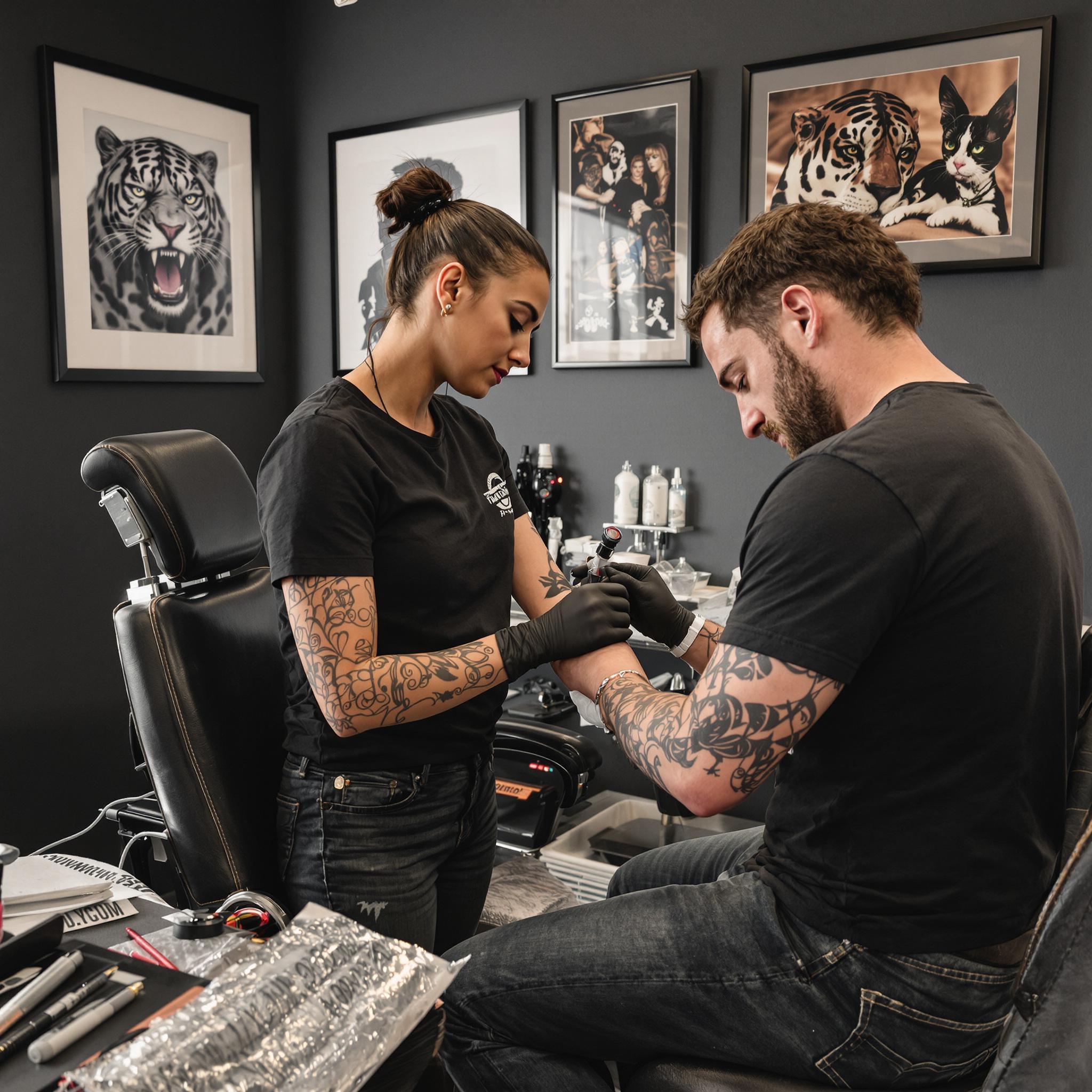 Female client gets a panther tattoo on her arm from a professional artist in a modern, well-lit tattoo studio.