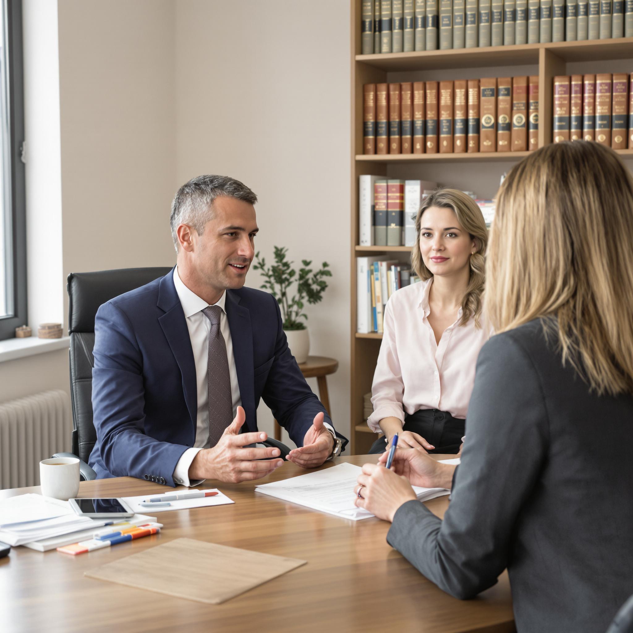 Male attorney in a suit advises a female client on legal matters at a desk in a modern, well-lit office.