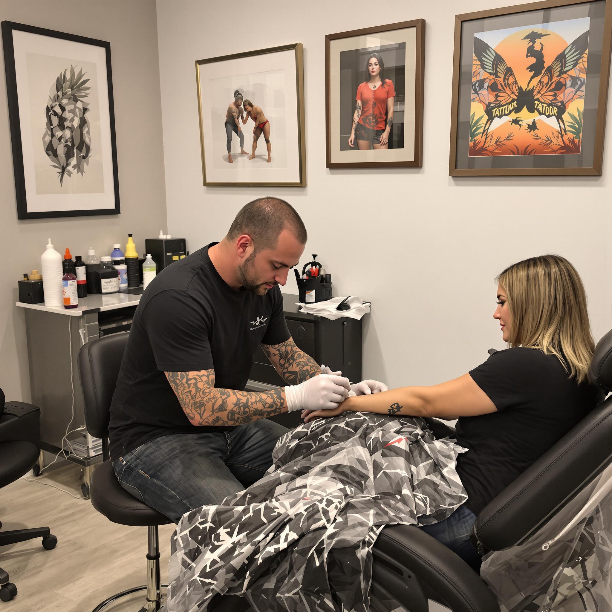 Tattoo artist preparing a design on a client’s forearm in a clean, modern studio with art and tools in the background.