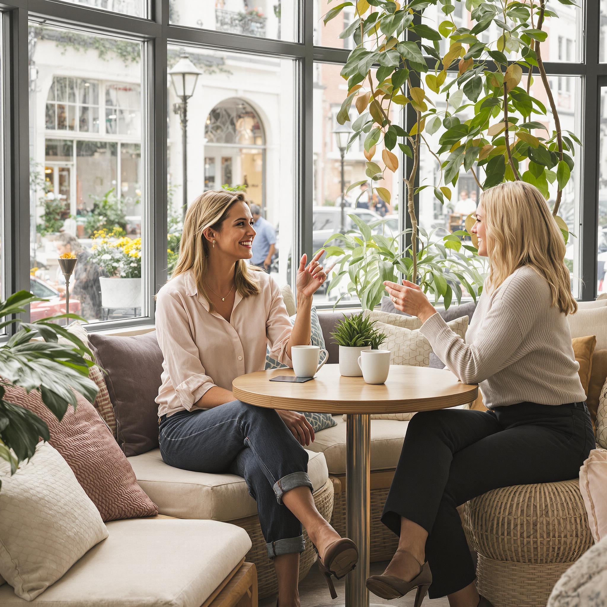 Two women in their 30s chatting at a cozy café, sharing supportive conversation symbolizing growth and empowerment post-divorce.