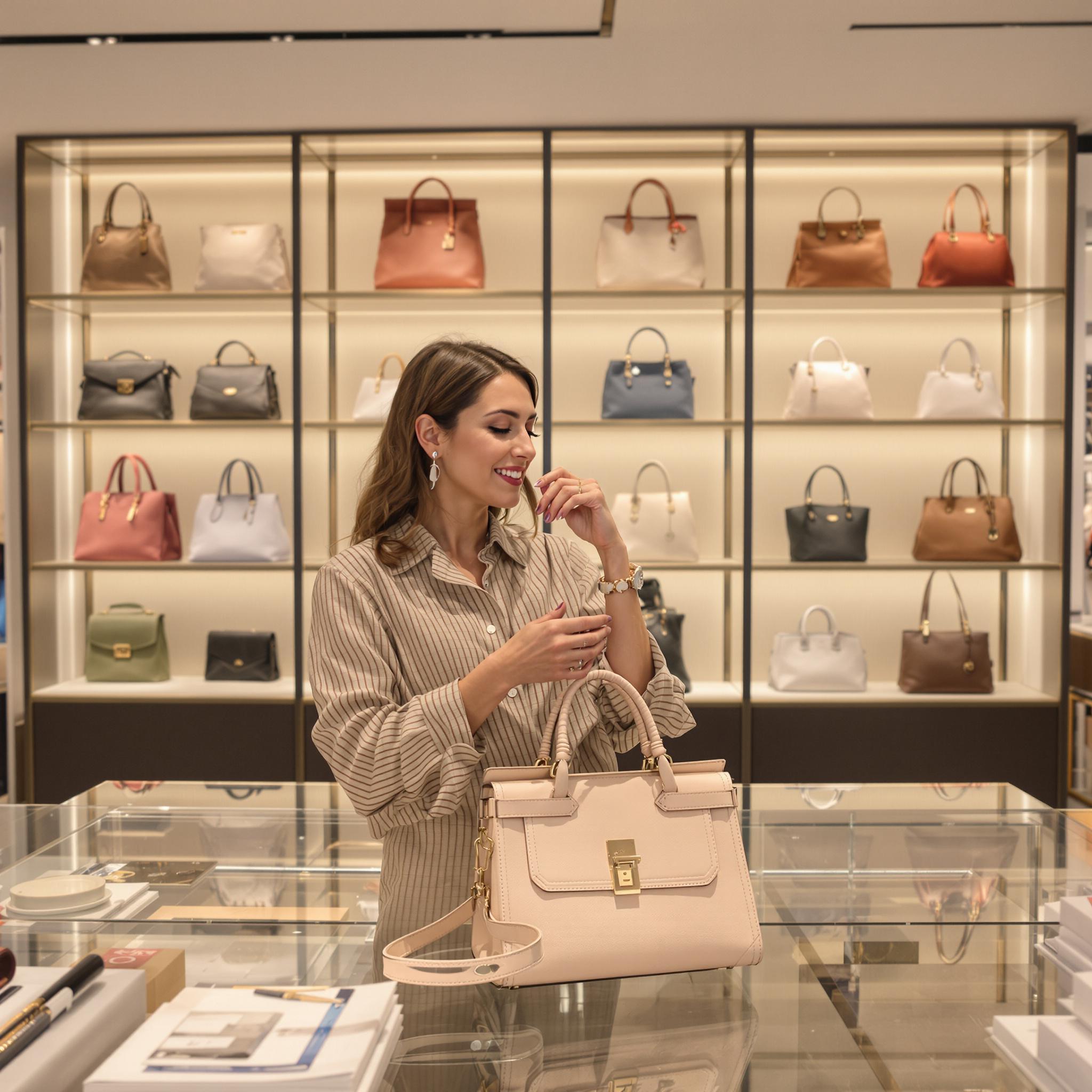 A confident woman in her 30s admires a designer handbag in a chic boutique, embracing self-care and newfound freedom.