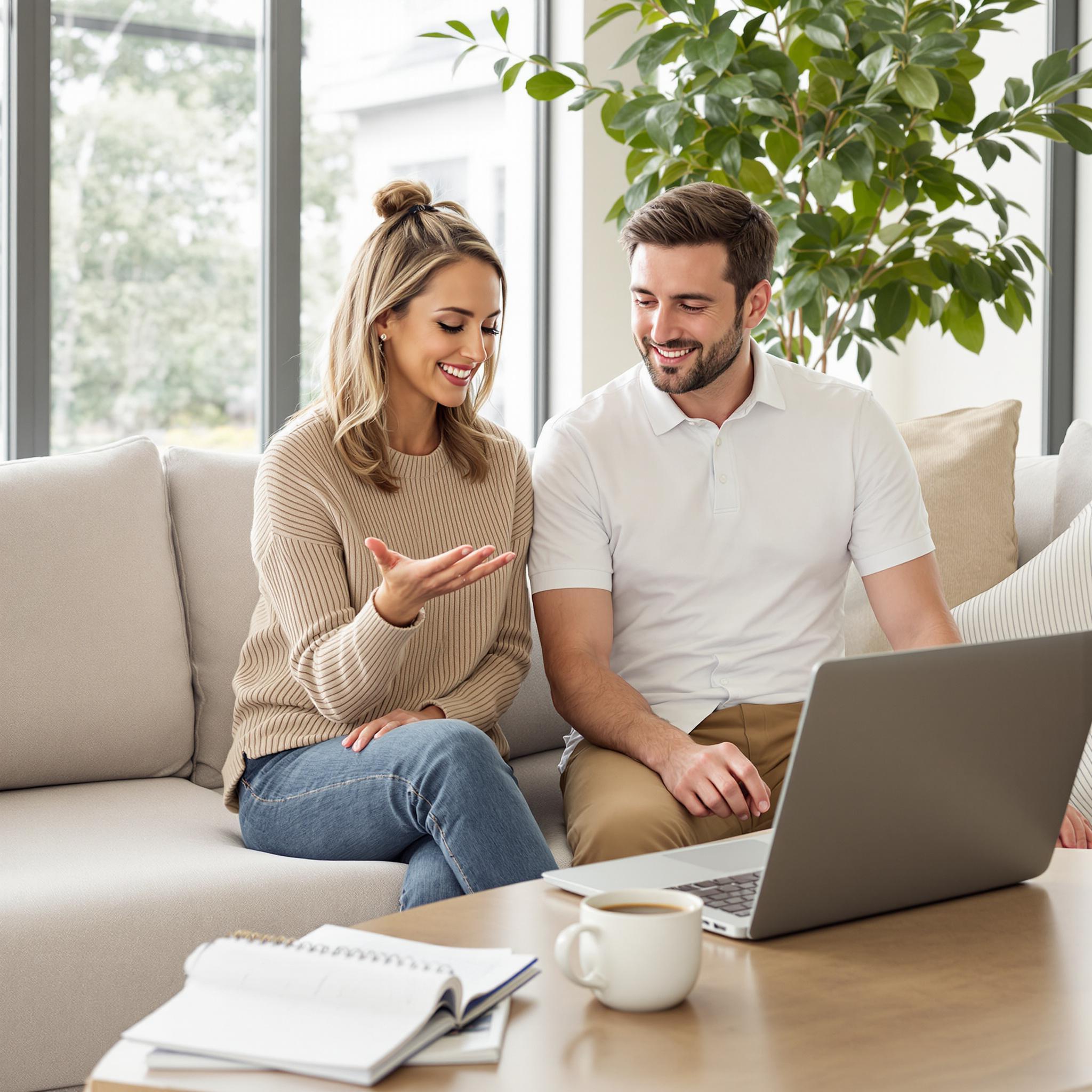 Two friends in a bright modern living room discuss plans, smiling and focused on a laptop, creating an uplifting atmosphere.