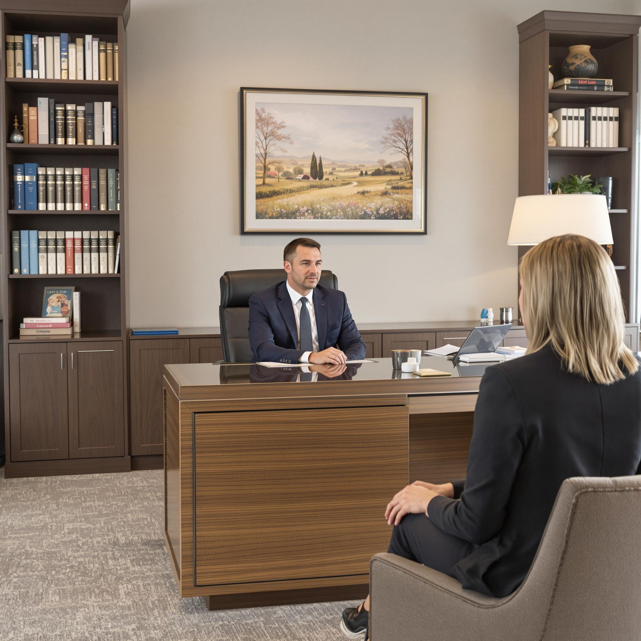 Lawyer in a navy suit consults with a client in business-casual attire in a modern, upscale office setting.