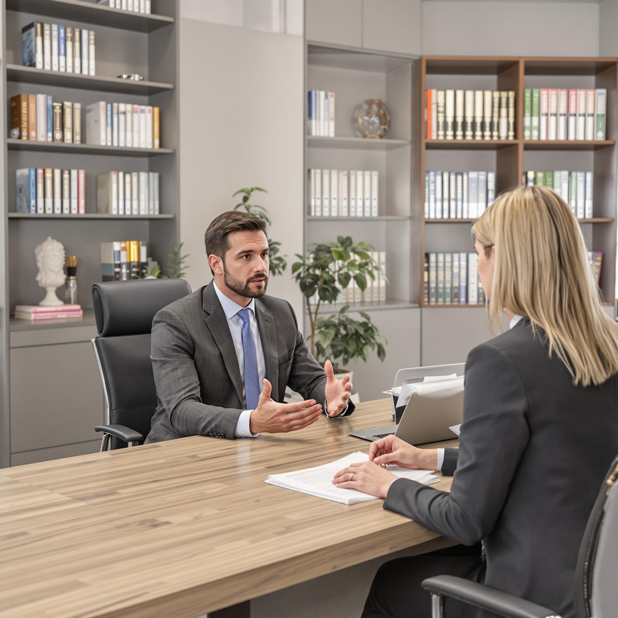 A male attorney in a modern law office consults with a concerned female client, both engaged in a professional discussion.