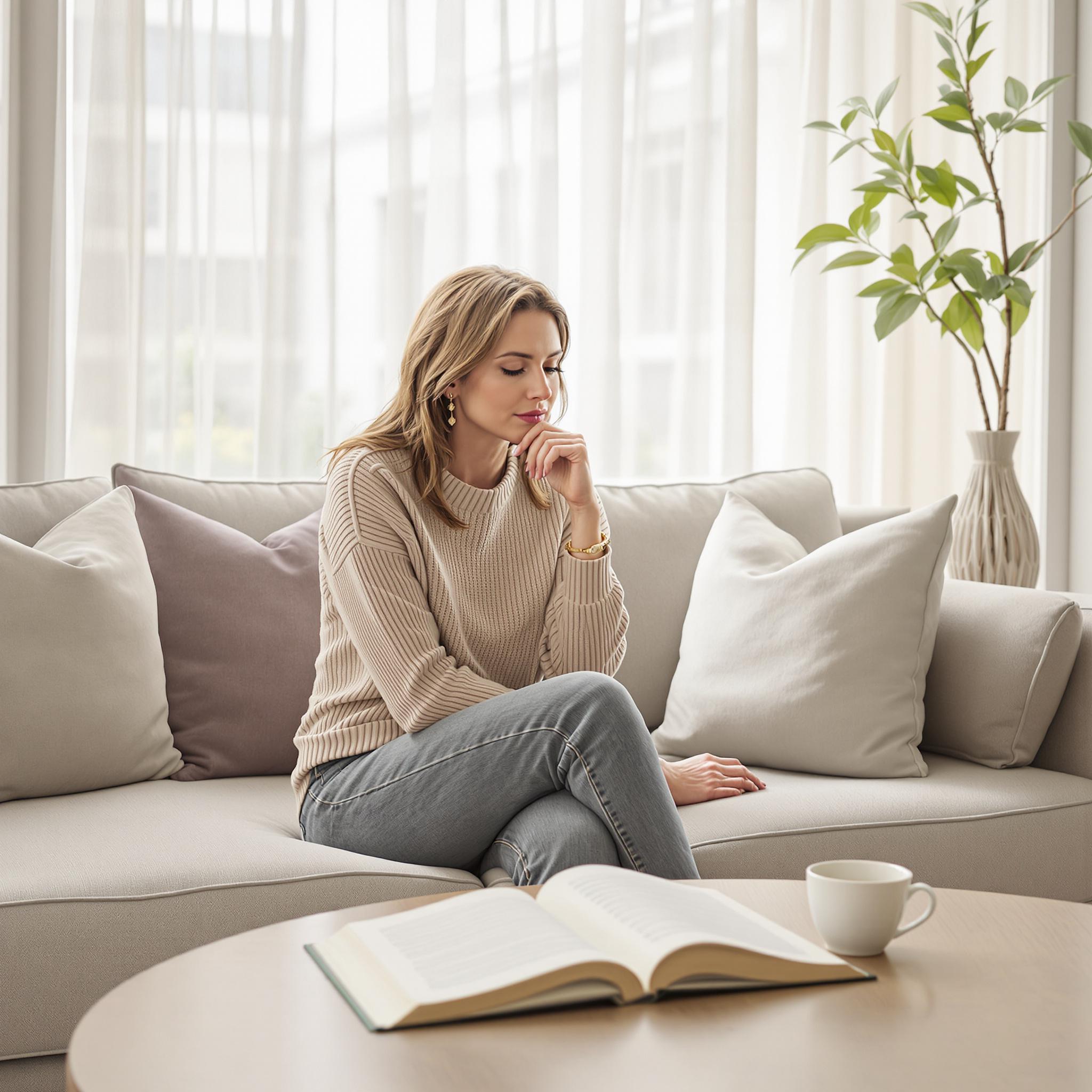 A woman in her 40s sits on a sofa in a cozy, sunlit living room, gazing thoughtfully at an open journal on the coffee table.