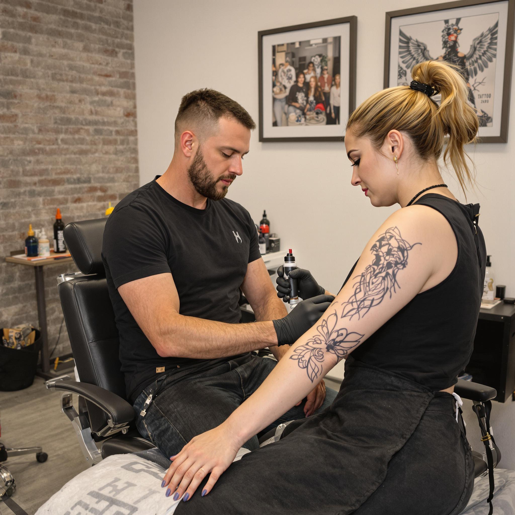 Man in a tattoo studio getting his arm inked by a focused female tattoo artist; a moment of transformation and self-expression.