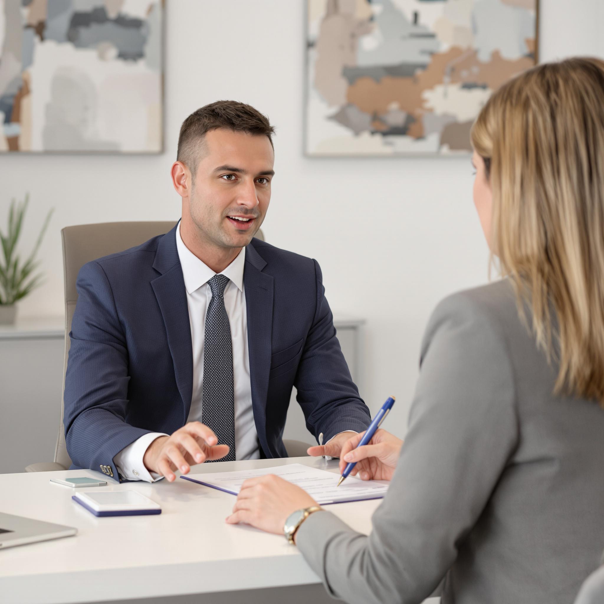 Financial advisor in business attire discusses joint account options with a focused client during a divorce consultation.