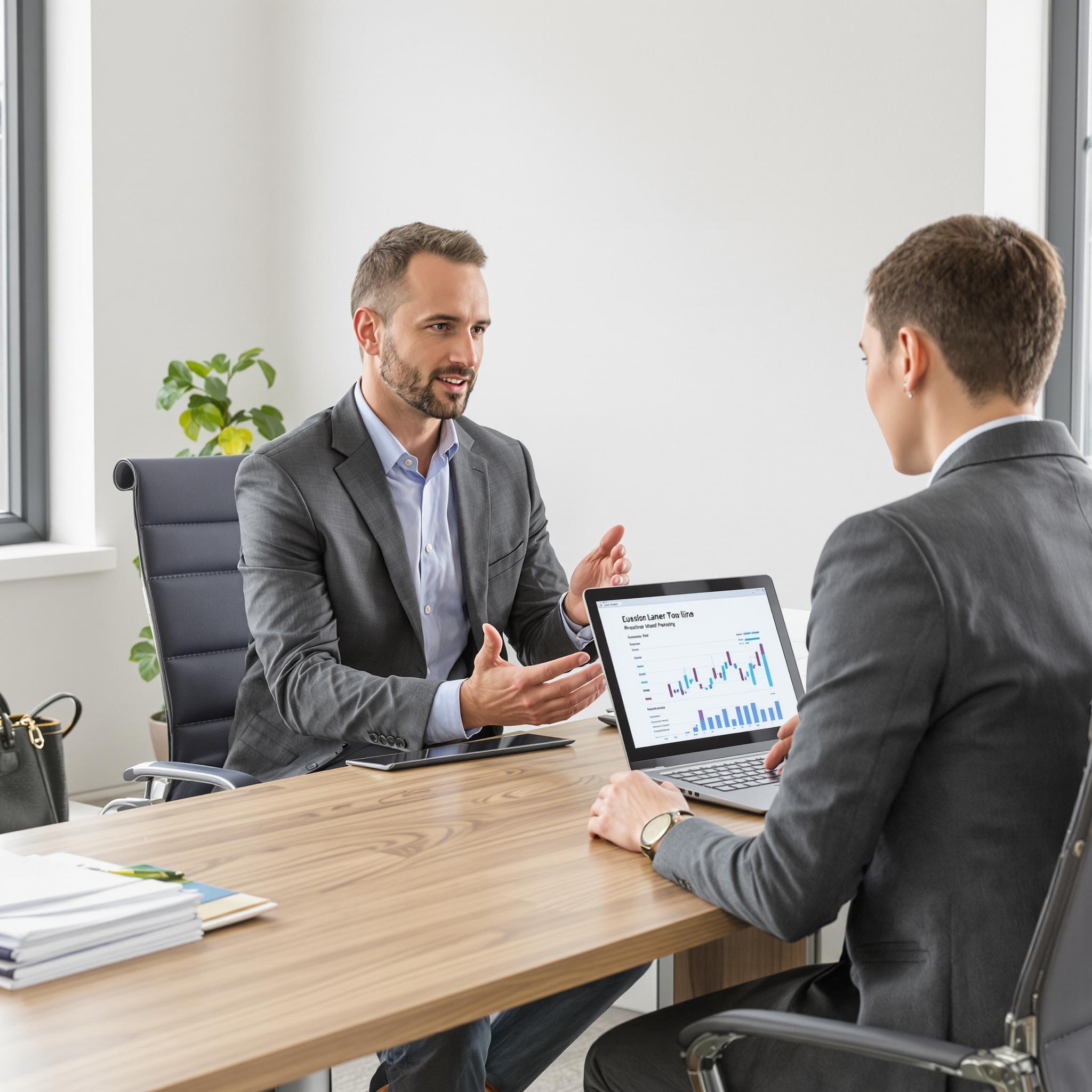 Financial advisor explains investment strategies to a client in a modern, well-lit office, fostering trust and collaboration.