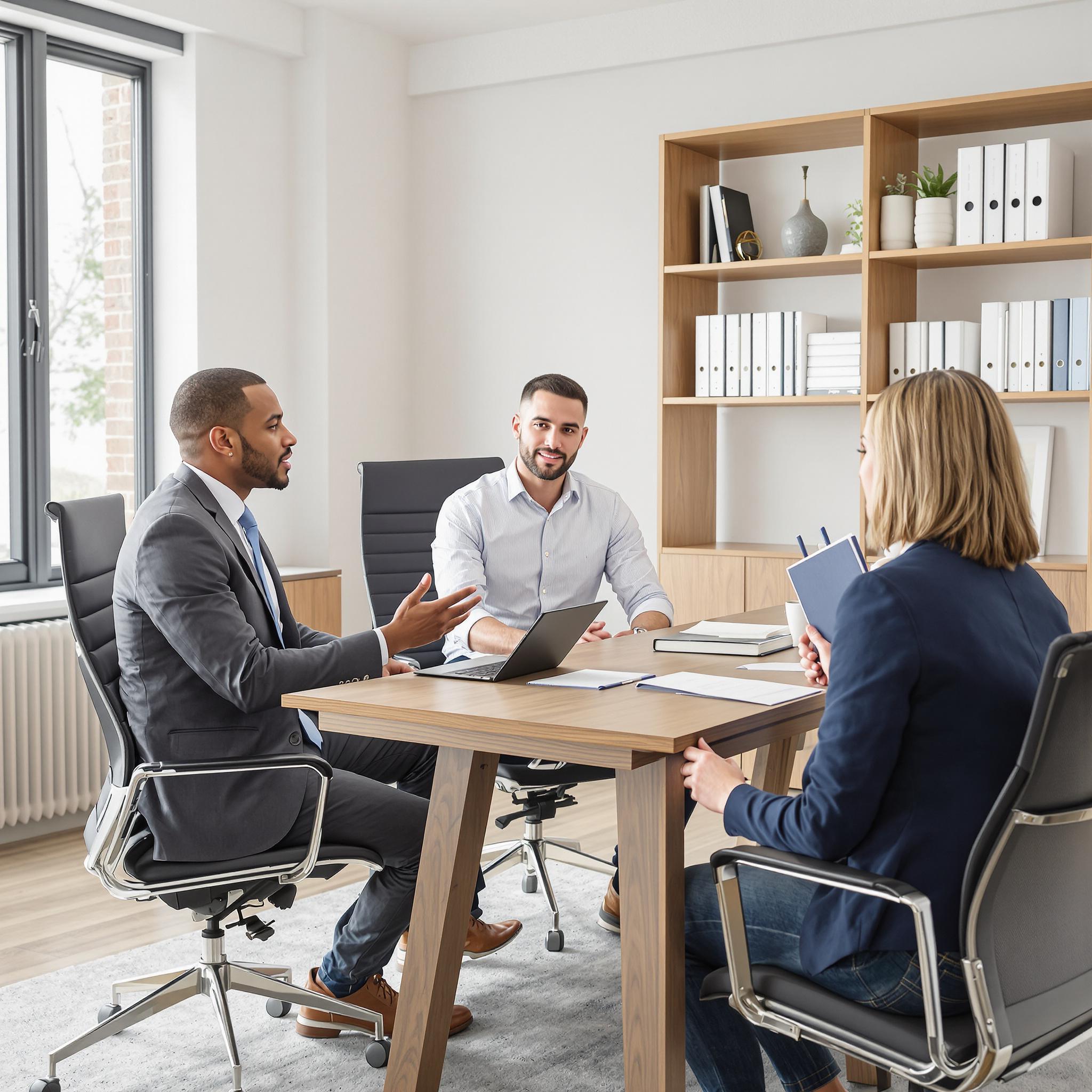 Financial advisor and attorney collaborate with a client at a sleek office desk, discussing documents in a professional setting.