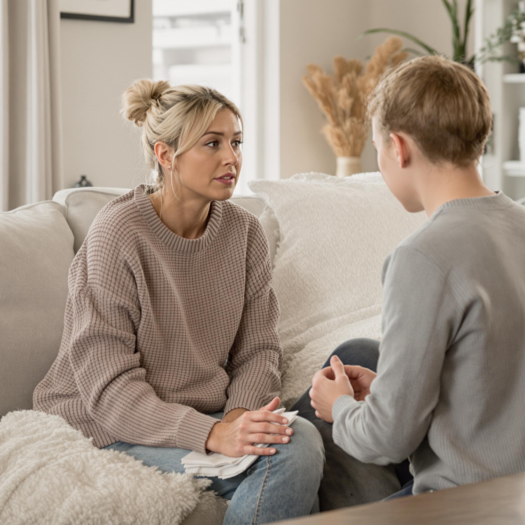 A concerned parent talks with their child about safety in a calm, supportive home setting.