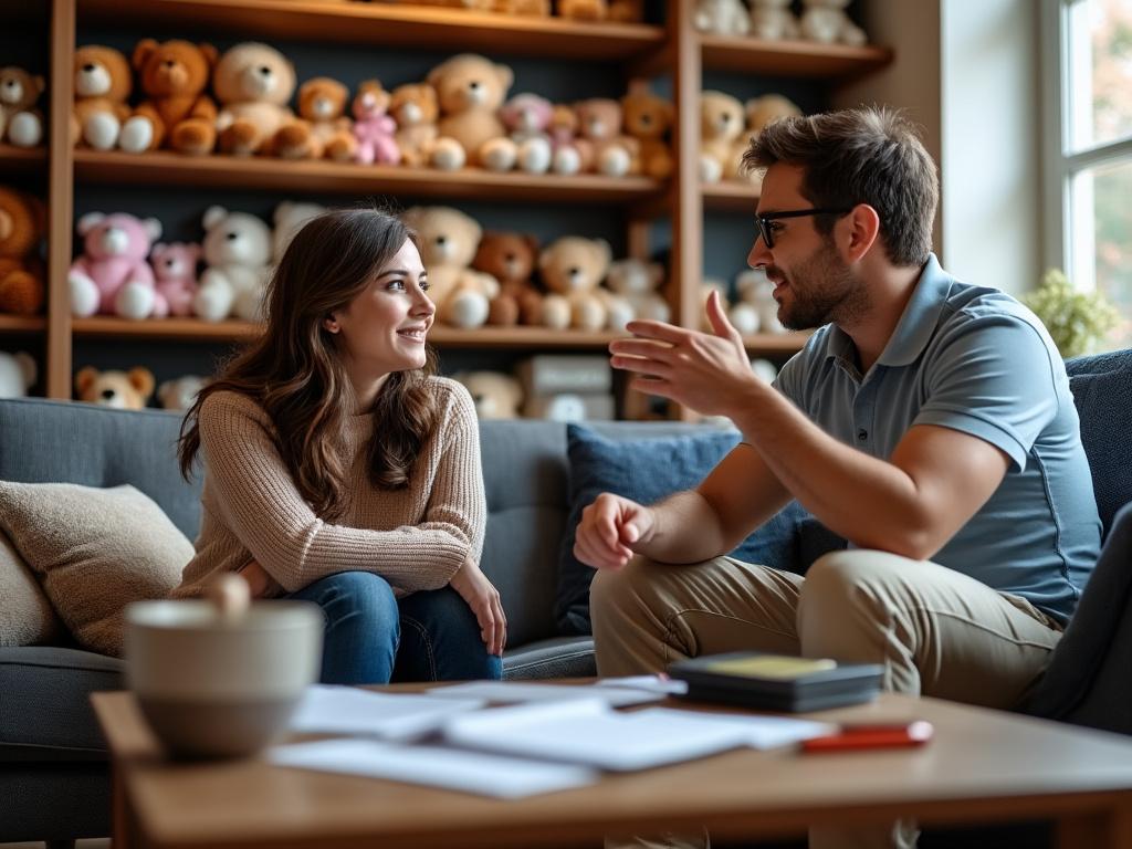 Two friends engage in a thoughtful discussion about dividing their Beanie Babies collection in a cozy living room.