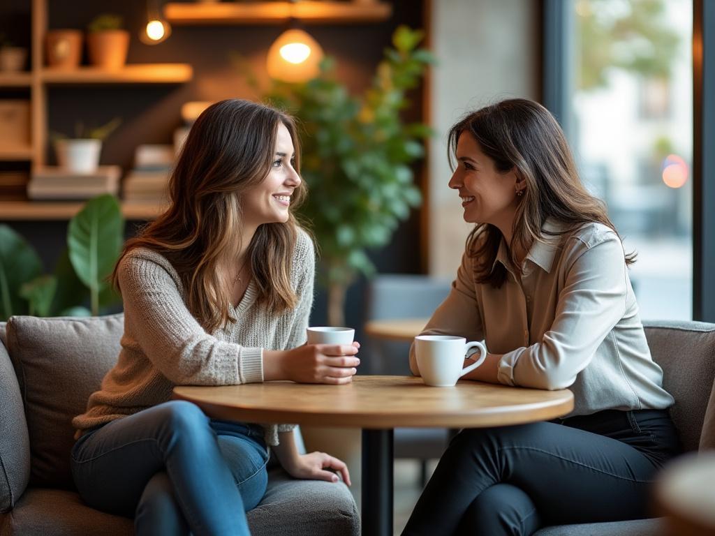 Two women share a heartfelt conversation in a cozy café, reflecting on personal growth after divorce.