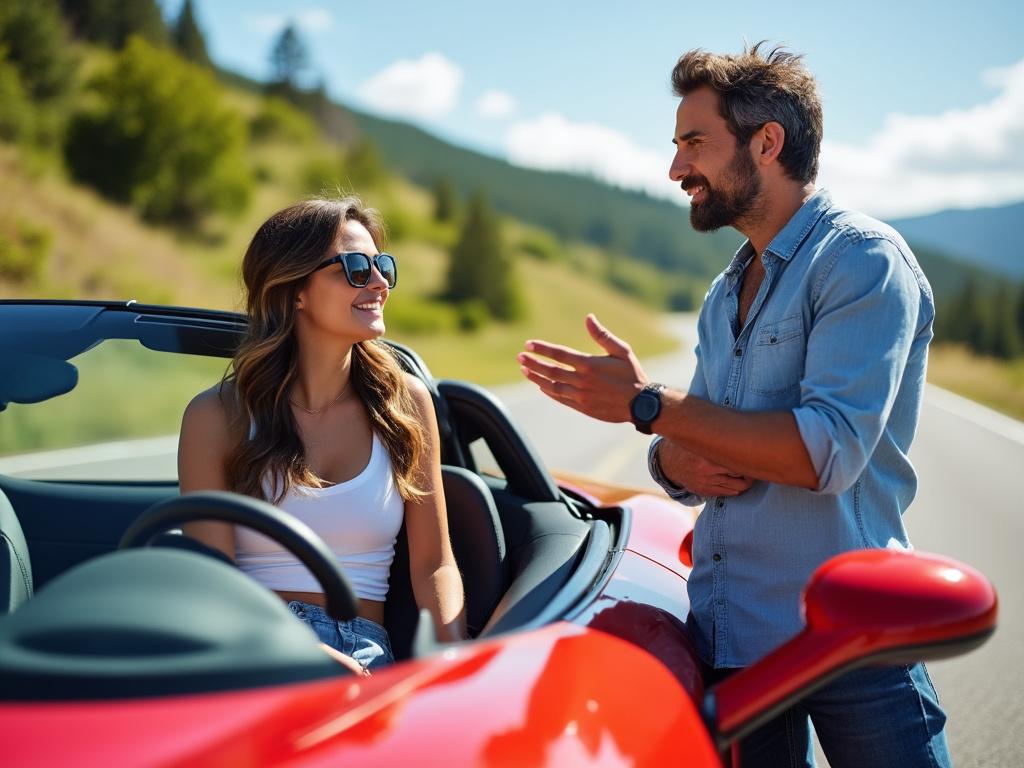 Two friends engage in a thoughtful discussion by a red sports car on a scenic highway, embodying adventure and freedom.