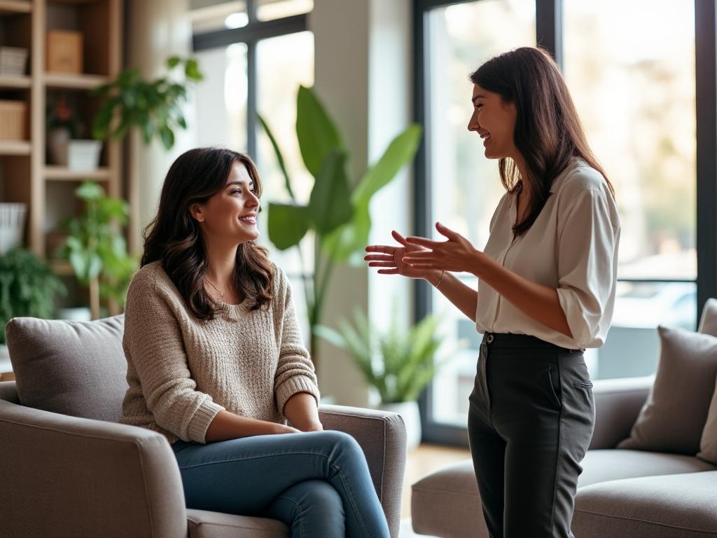 Two friends engage in a lively discussion about cosmetic surgery in a cozy, well-lit living room.