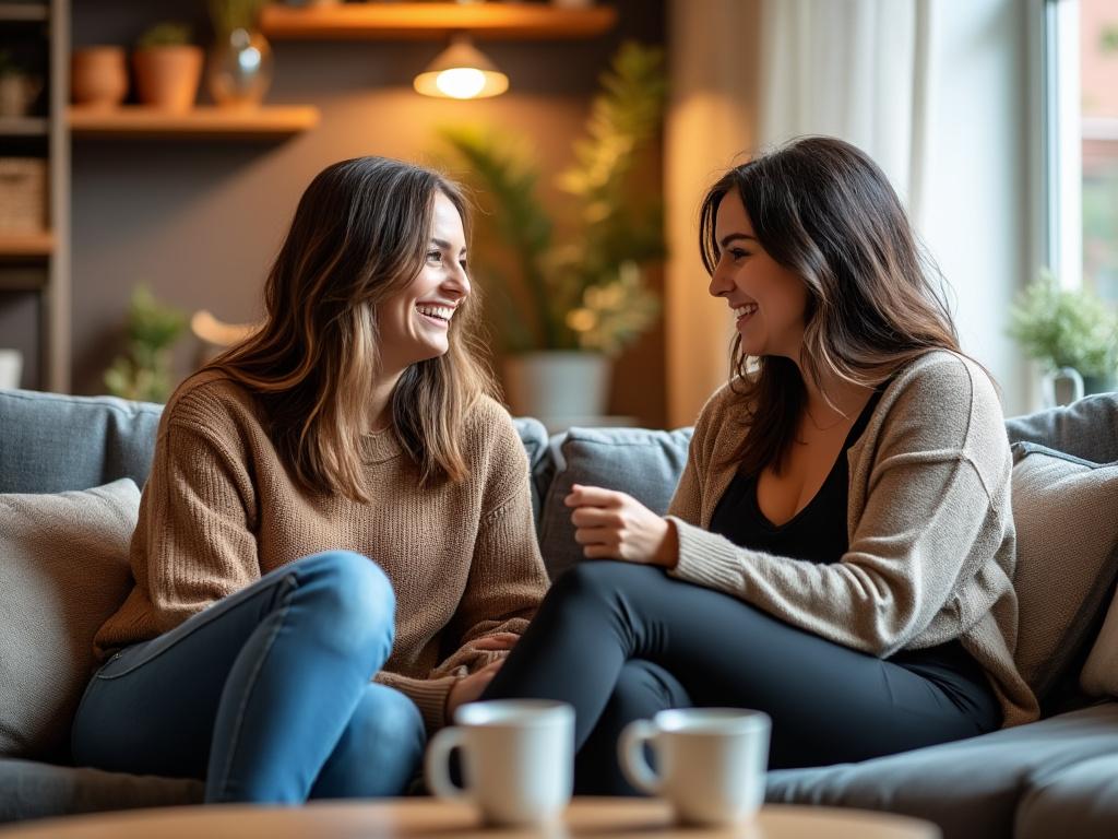 Two friends engaged in a warm conversation about personal changes after divorce, seated on a cozy couch.