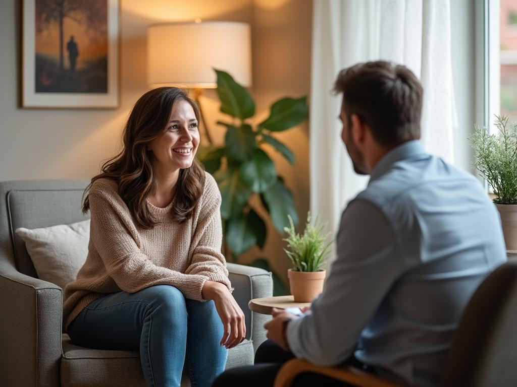 A mother engages in a supportive conversation with her counselor in a warm, inviting office setting.