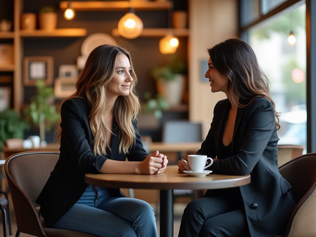 Two women in a cozy café discuss cosmetic surgery options with supportive expressions and engaging body language.