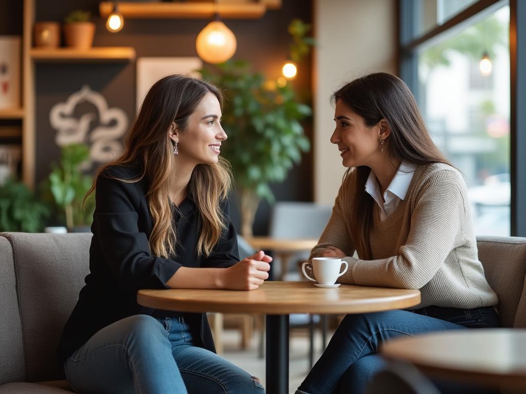 Two women in a café discuss cosmetic surgery options, reflecting warmth and support amid personal transformation.