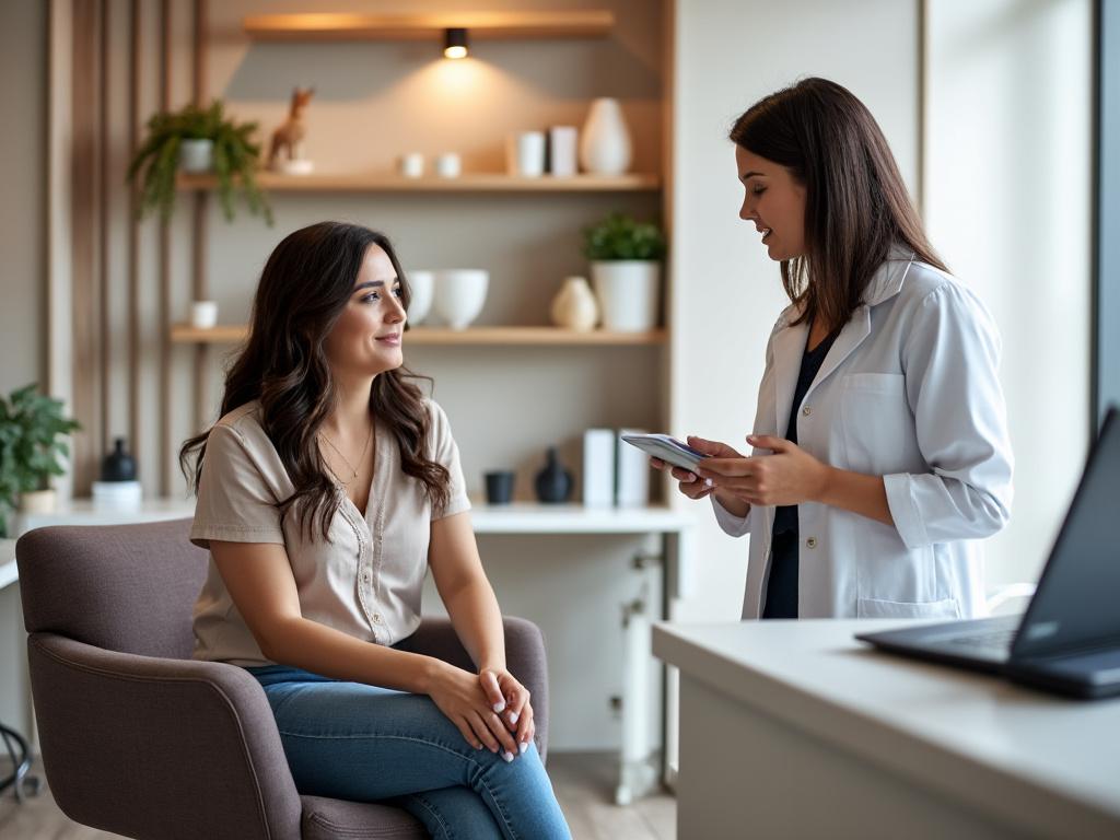 Patient and doctor in a modern clinic discuss cosmetic surgery options, showcasing a supportive and professional environment.