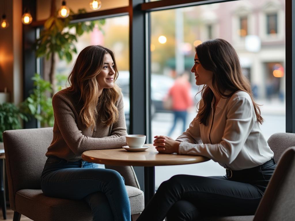 Two friends talk thoughtfully about personal growth and cosmetic surgery in a cozy café with warm lighting.