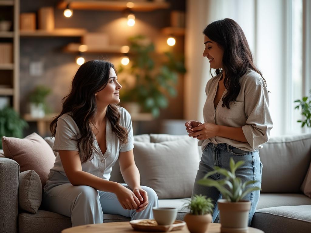 Two friends share a supportive conversation in a cozy living room about personal changes during divorce.