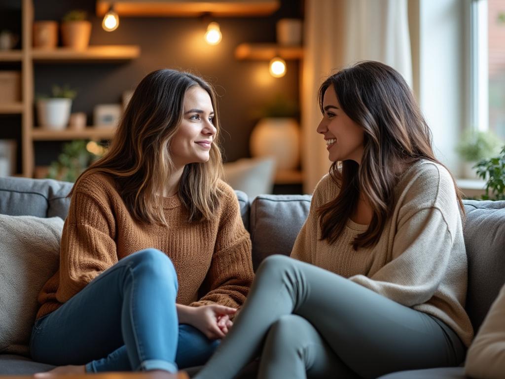 Two friends in a cozy living room share a warm conversation about emotions and personal experiences.