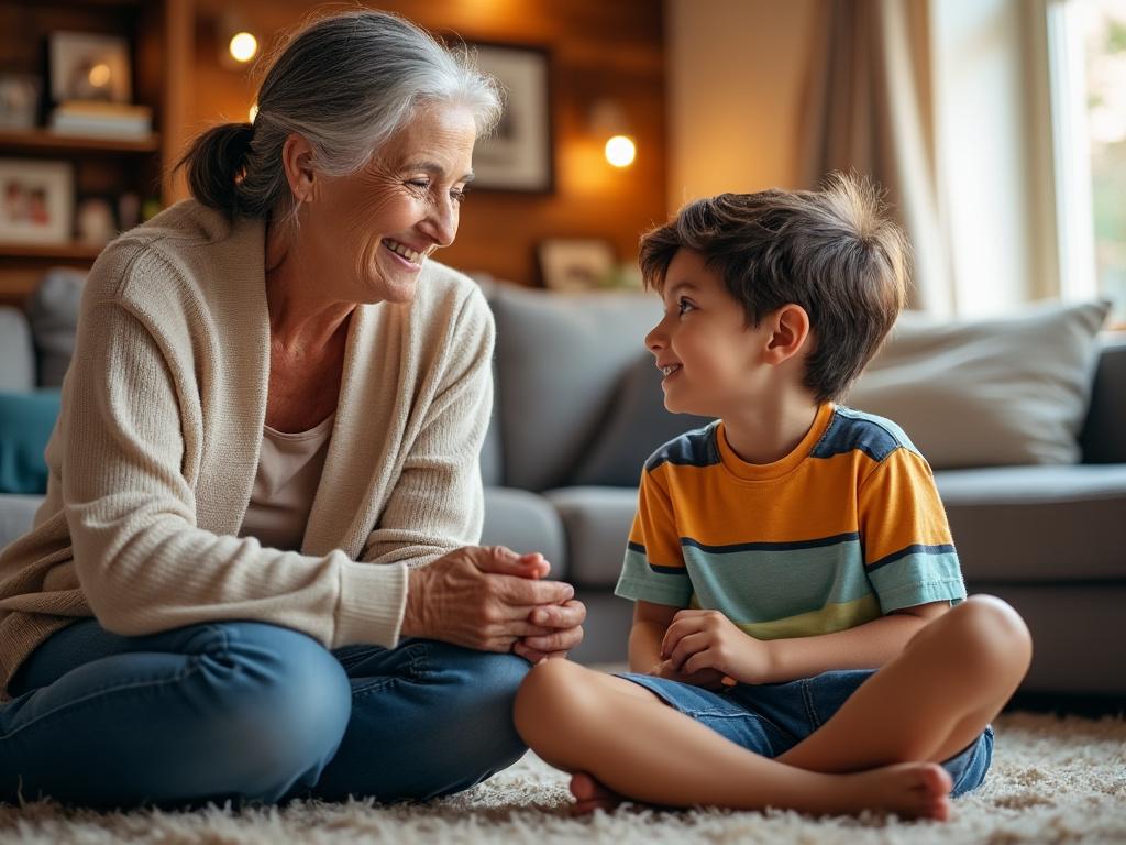 Grandmother smiles at her grandchild during a warm conversation in a cozy living room filled with family photos.