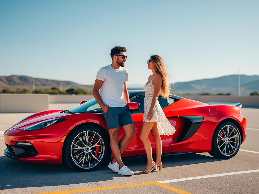 Two friends laugh and chat beside a sleek red sports car on a sunny day, celebrating newfound freedom together.