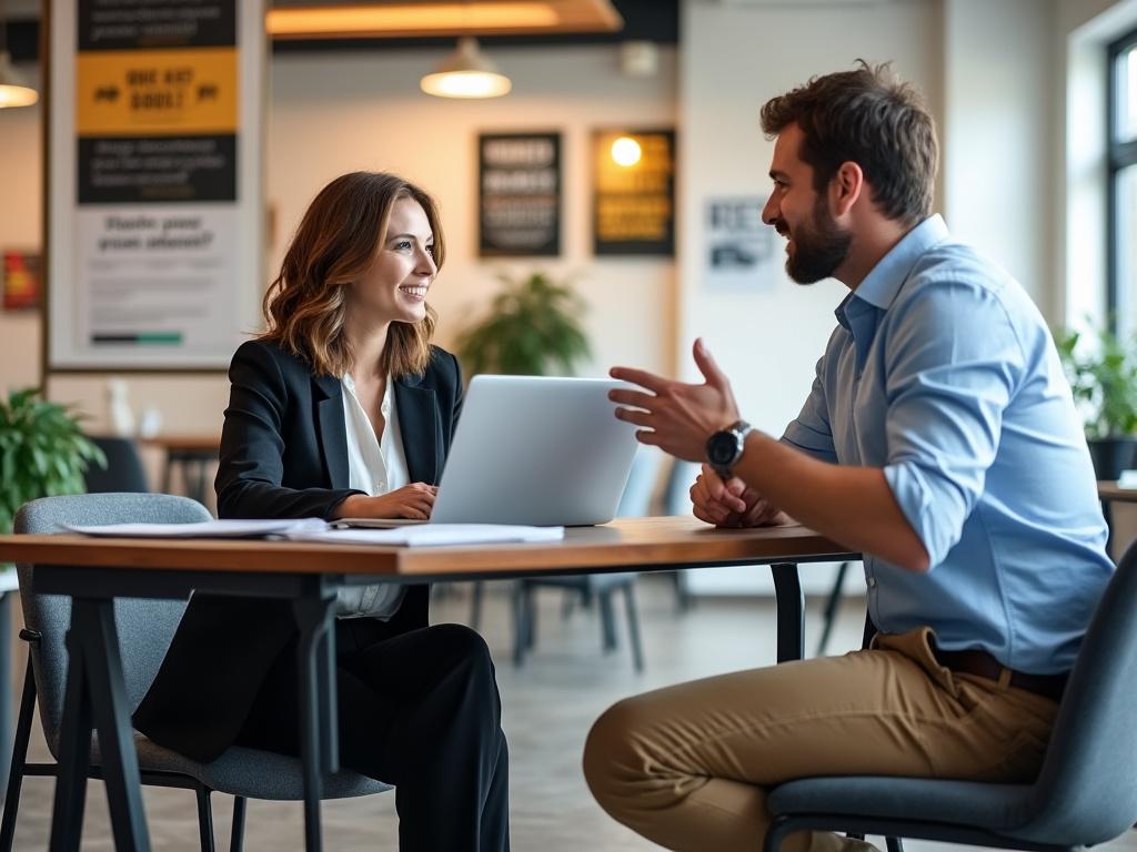 Job seeker and career advisor engage in discussion at a desk in a modern office, fostering a supportive atmosphere.