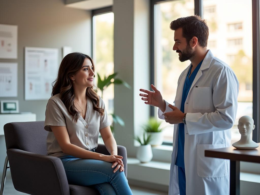 Patient consults with surgeon in a modern room about nose job options, showcasing professionalism and care.