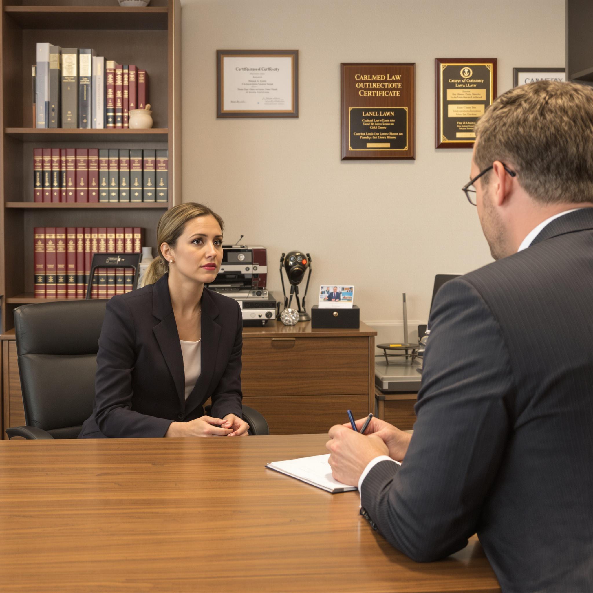 A concerned parent consults a family law attorney in a professional office about child custody modifications.