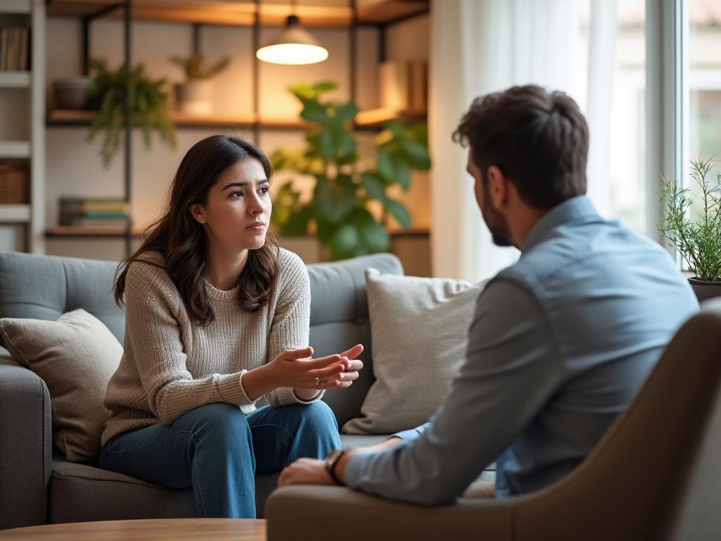 A mother and father discuss child support modifications in a cozy living room setting, fostering open communication.